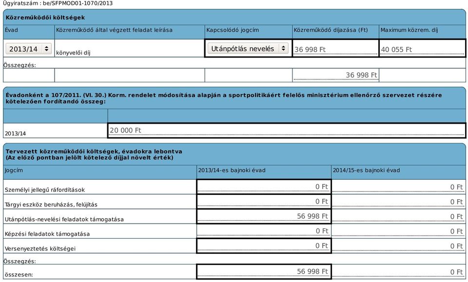 rendelet módosítása alapján a sportpolitikáért f elelős minisztérium ellenőrző szervezet részére kötelezően fordítandó összeg: 2013/14 20 00 Tervezett közreműködői költségek, évadokra