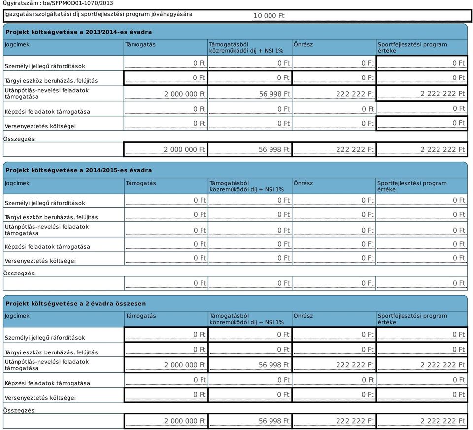 Ft 222 222 Ft 2 222 222 Ft 2 000 00 56 998 Ft 222 222 Ft 2 222 222 Ft Projekt költségvetése a 2014/2015-es évadra Jogcímek Támogatás Támogatásból közreműködői díj + NSI 1% Személyi jellegű