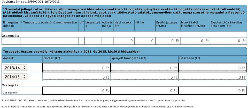 Végzettsé g Adózás módja Havi munka óra Kif. hó Bruttó juttatás (Ft/hó) Munkáltatói járulékok (Ft/hó) Évadra jutó ráfordítás összesen (Ft) 0 0 Tervezett összes személyi költség alakulása a 2013.