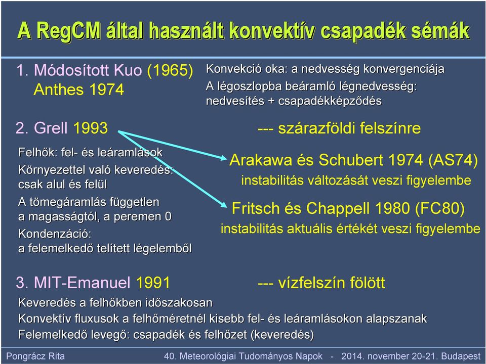 Grell 1993 --- szárazföldi felszínre Felhők: fel- és leáramlások Környezettel való keveredés: csak alul és felül A tömegáramlás független a magasságtól, a peremen 0 Kondenzáció: a felemelkedő