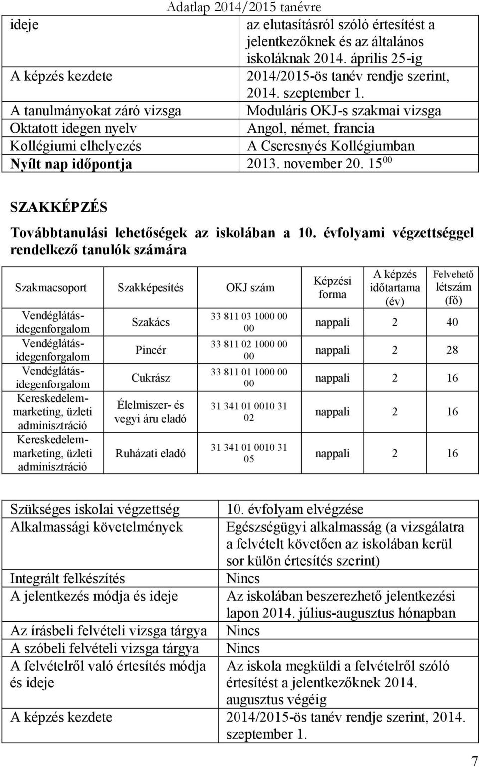 15 00 SZAKKÉPZÉS Továbbtanulás lehetőségek az skolában a 10.