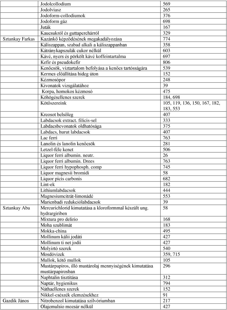 előállítása hideg úton 152 Kézmosópor 248 Kivonatok vizsgálatához 39 Korpa, homokos kézmosó 475 Köhögésellenes szerek 184, 698 Kötőszereink 105, 119, 136, 150, 167, 182, 183, 553 Kreosot belsőleg 407