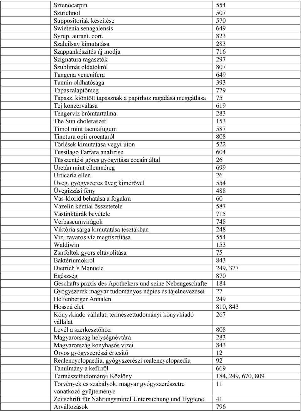 tapasznak a papírhoz ragadása meggátlása 75 Tej konzerválása 619 Tengervíz brómtartalma 283 The Sun choleraszer 153 Timol mint taeniafugum 587 Tinctura opii crocataról 808 Törlések kimutatása vegyi