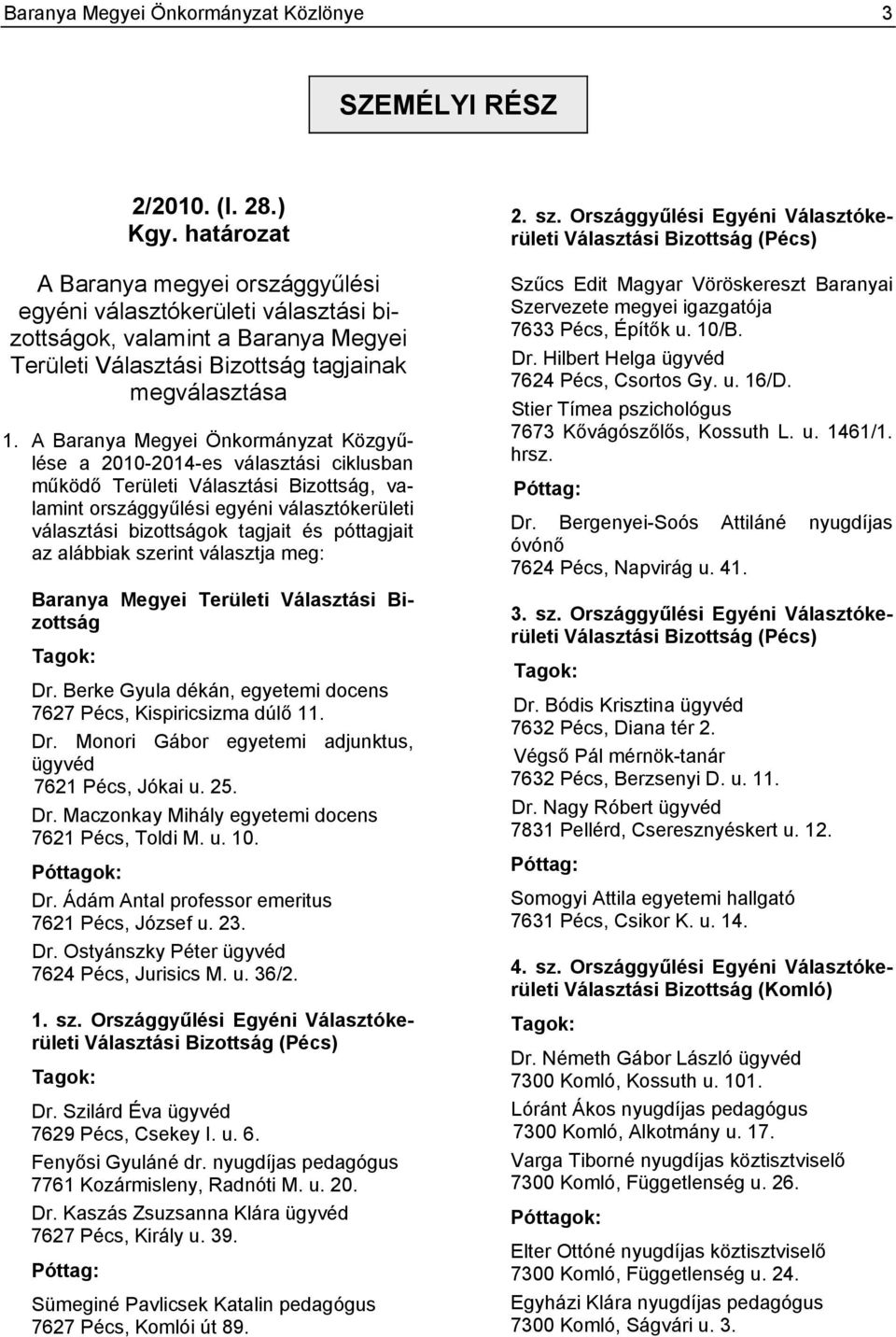 A Baranya Megyei Önkormányzat Közgyűlése a 2010-2014-es választási ciklusban működő Területi Választási Bizottság, valamint országgyűlési egyéni választókerületi választási bizottságok tagjait és