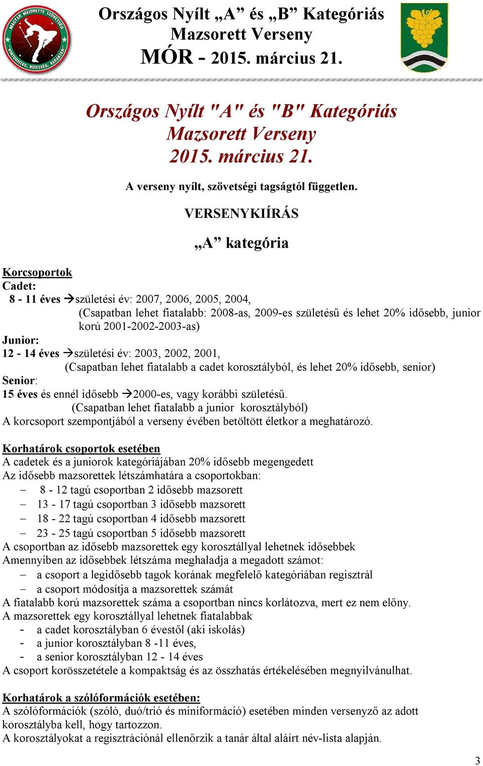 2001-2002-2003-as) Junior: 12-14 éves születési év: 2003, 2002, 2001, (Csapatban lehet fiatalabb a cadet korosztályból, és lehet 20% idősebb, senior) Senior: 15 éves és ennél idősebb 2000-es, vagy