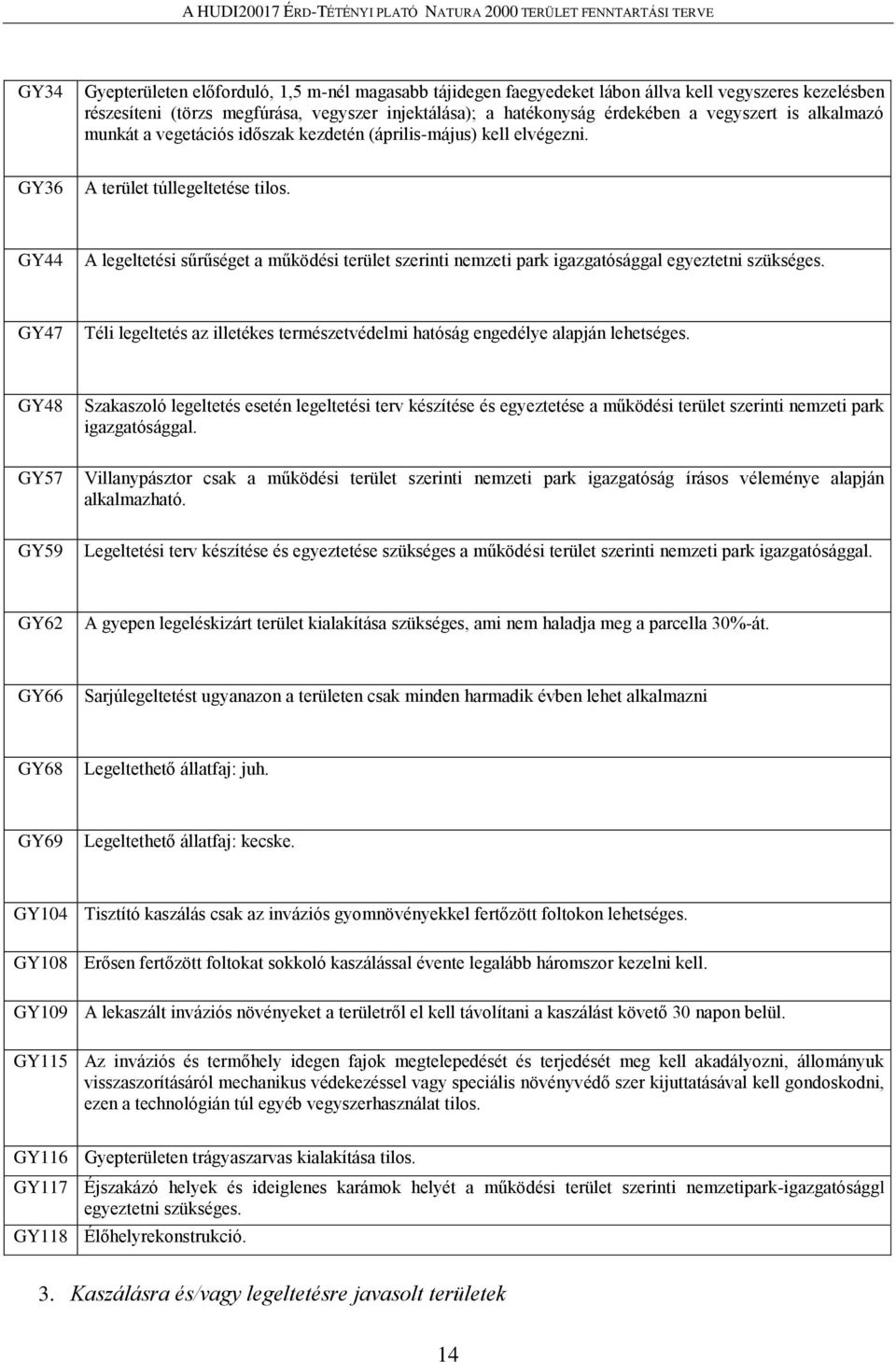 GY44 A legeltetési sűrűséget a működési terület szerinti nemzeti park igazgatósággal egyeztetni szükséges. GY47 Téli legeltetés az illetékes természetvédelmi hatóság engedélye alapján lehetséges.