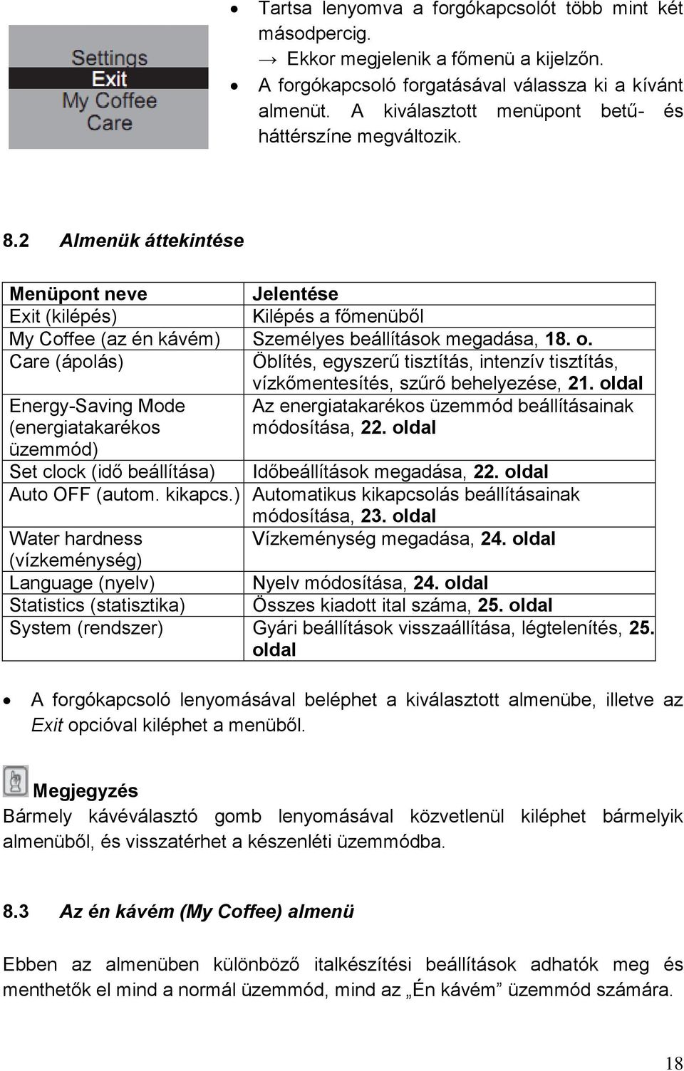 o. Care (ápolás) Öblítés, egyszerű tisztítás, intenzív tisztítás, vízkőmentesítés, szűrő behelyezése, 21.