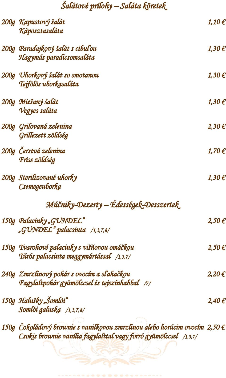 Édességek-Desszertek 150g Palacinky GUNDEL 2,50 GUNDEL palacsinta /1,3,7,8/ 150g Tvarohové palacinky s višňovou omáčkou 2,50 Túrós palacsinta meggymártással /1,3,7/ 240g Zmrzlinový pohár s ovocím a