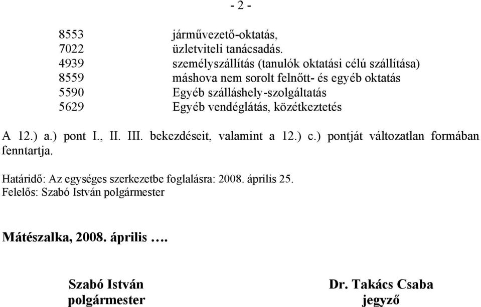 felnőtt- és egyéb oktatás 5590 Egyéb szálláshely-szolgáltatás 5629 Egyéb vendéglátás,