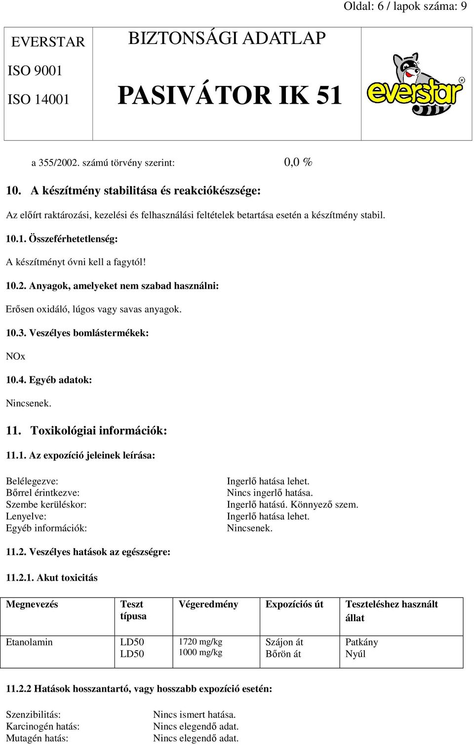 .1. Összeférhetetlenség: A készítményt óvni kell a fagytól! 10.2. Anyagok, amelyeket nem szabad használni: Erısen oxidáló, lúgos vagy savas anyagok. 10.3. Veszélyes bomlástermékek: NOx 10.4.