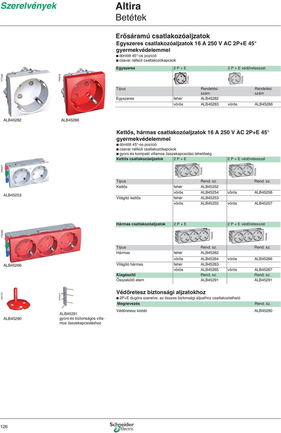 gyermekvédelemmel b döntött 45 -os pozíció b csavar nélküli csatlakozókapcsok b gyors és kompakt villamos összekapcsolási lehetőség Kettős csatlakozóaljzatok 2 P + E 2 P + E védőretesszel P93377