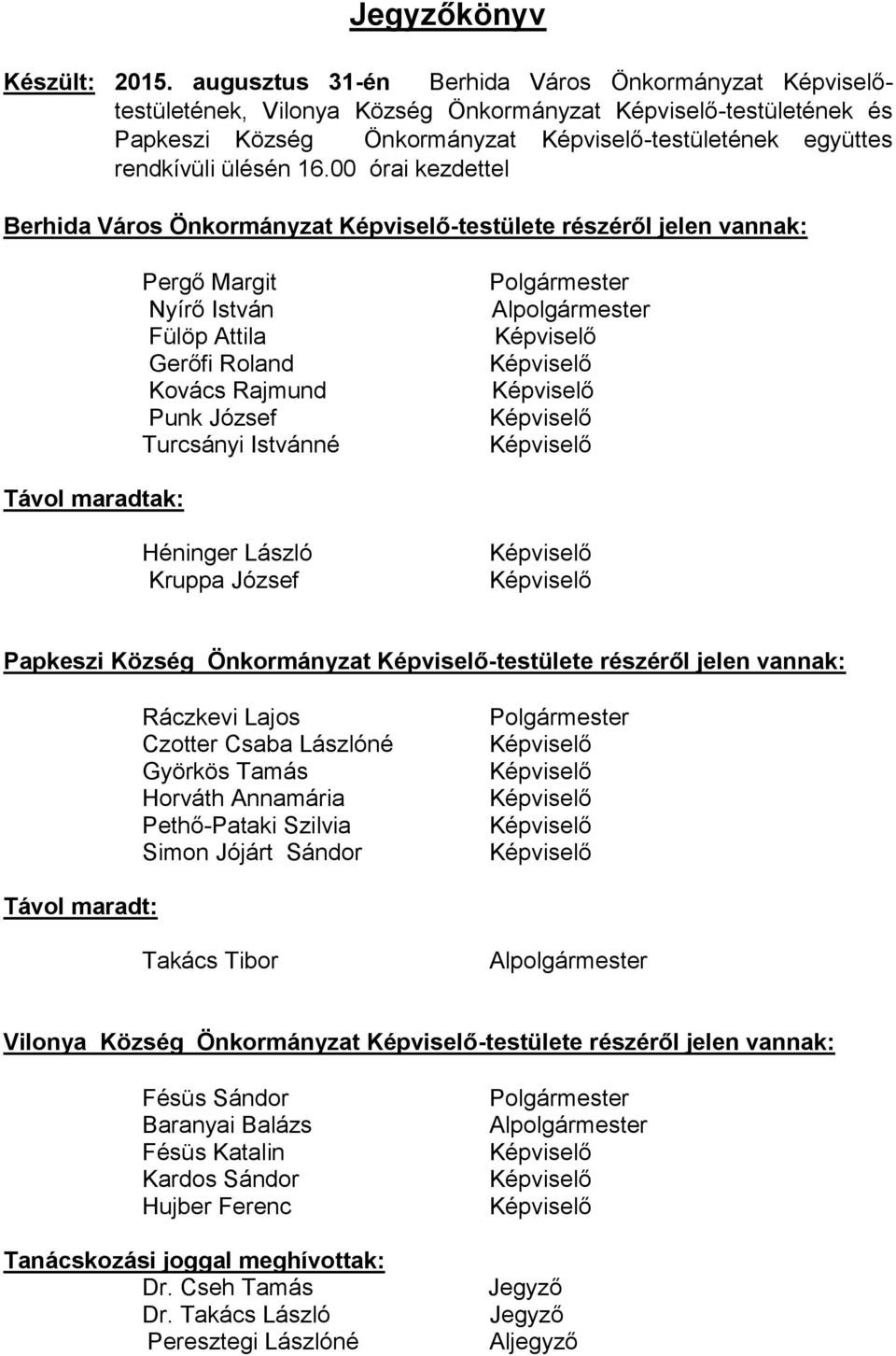 Alpolgármester Távol maradtak: Héninger László Kruppa József Papkeszi Község Önkormányzat -testülete részéről jelen vannak: Ráczkevi Lajos Czotter Csaba Lászlóné Györkös Tamás Horváth Annamária