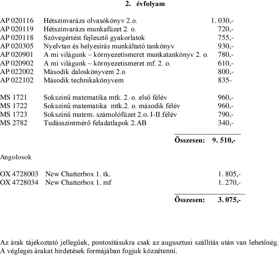 720,- AP 020118 Szövegértést fejlesztő gyakorlatok 755,- AP 020305 Nyelvtan és helyesírás munkáltató tankönyv 930,- AP 020901 A mi világunk környezetismeret munkatankönyv 2. o.