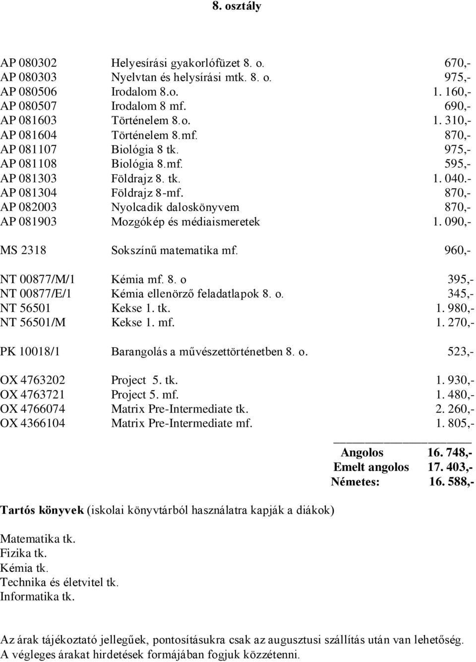 870,- AP 082003 Nyolcadik daloskönyvem 870,- AP 081903 Mozgókép és médiaismeretek 1. 090,- MS 2318 Sokszínű matematika mf. 960,- NT 00877/M/1 Kémia mf. 8. o 395,- NT 00877/E/1 Kémia ellenörző feladatlapok 8.