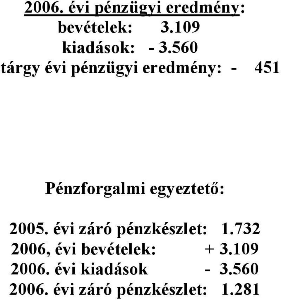 egyeztetı: 2005. évi záró pénzkészlet: 1.