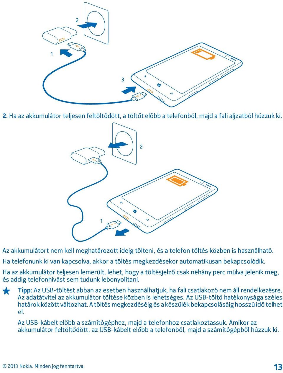 Ha az akkumulátor teljesen lemerült, lehet, hogy a töltésjelző csak néhány perc múlva jelenik meg, és addig telefonhívást sem tudunk lebonyolítani.