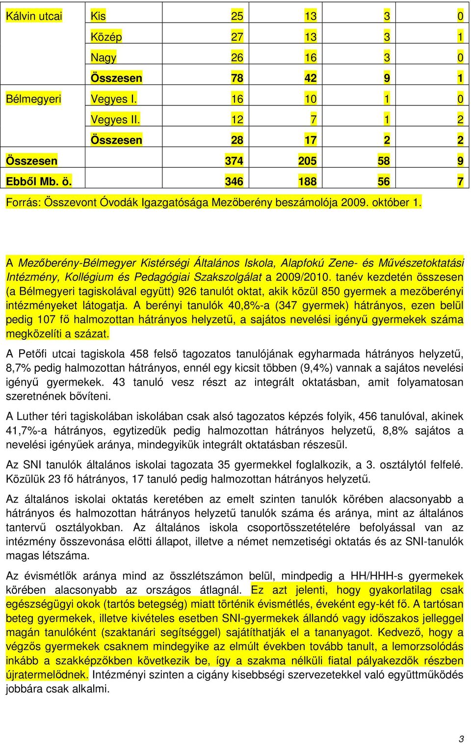 A Mezőberény-Bélmegyer Kistérségi Általános Iskola, Alapfokú Zene- és Művészetoktatási Intézmény, Kollégium és Pedagógiai Szakszolgálat a 2009/2010.