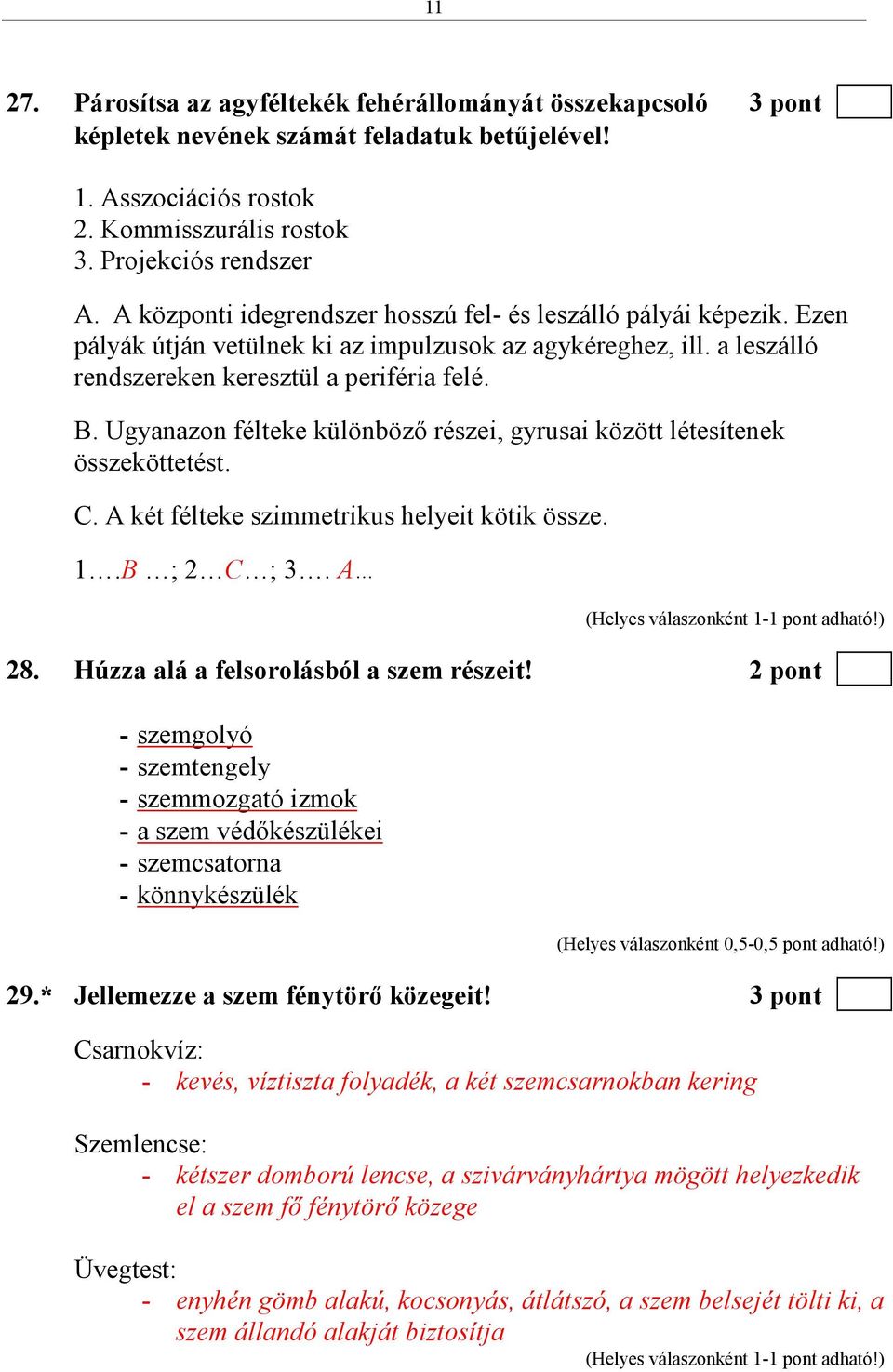 Ugyanazon félteke különbözı részei, gyrusai között létesítenek összeköttetést. C. A két félteke szimmetrikus helyeit kötik össze. 1.B ; 2 C ; 3. A 28. Húzza alá a felsorolásból a szem részeit!