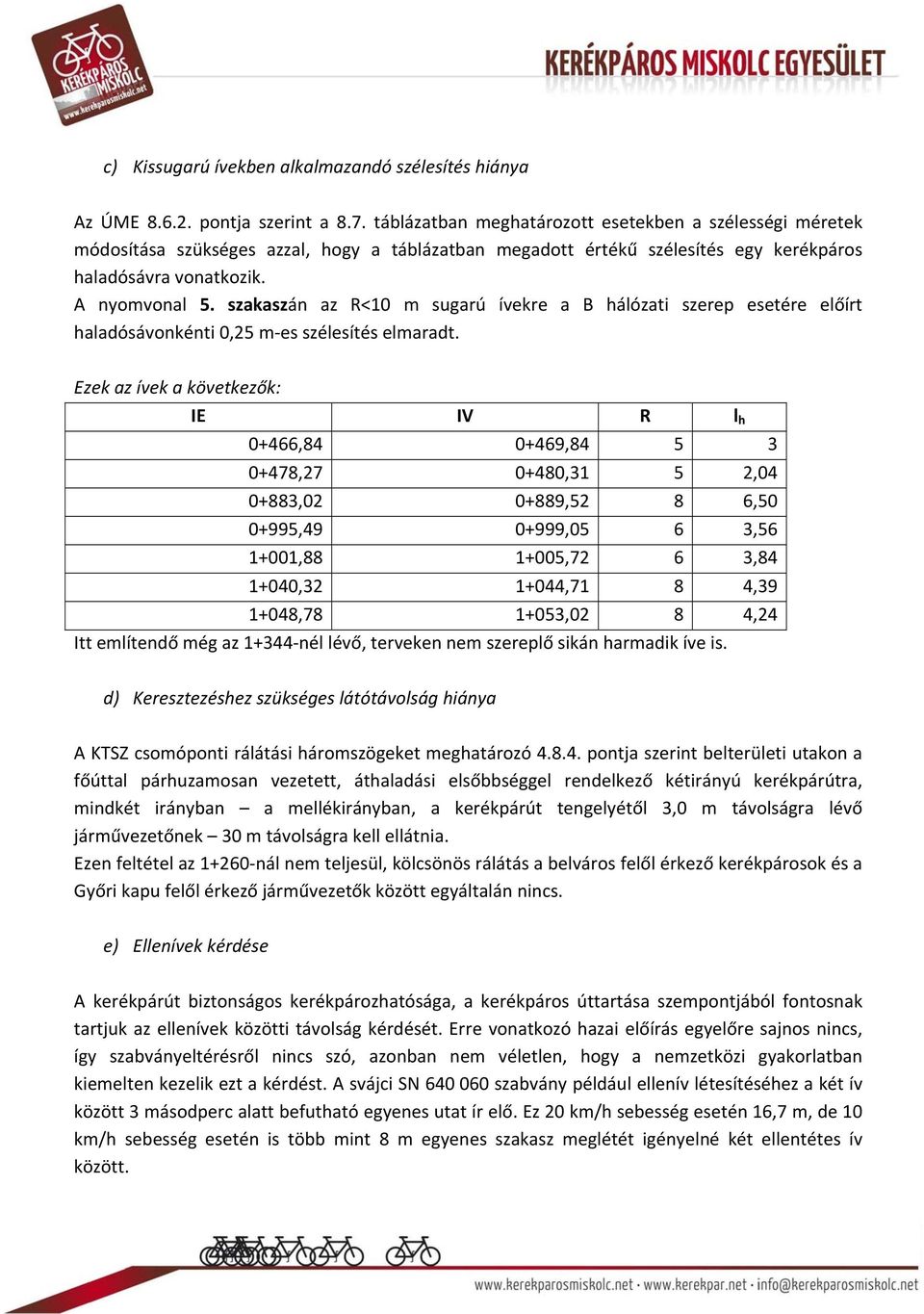 szakaszán az R< m sugarú ívekre a B hálózati szerep esetére előírt haladósávonkénti 0,25 m es szélesítés elmaradt.