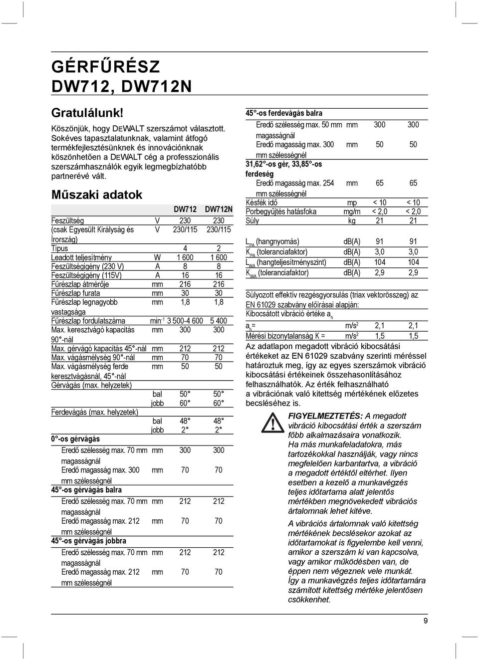 Műszaki adatok DW712 DW712N Feszültség V 230 230 (csak Egyesült Királyság és V 230/115 230/115 Írország) Típus 4 2 Leadott teljesítmény W 1 600 1 600 Feszültségigény (230 V) A 8 8 Feszültségigény