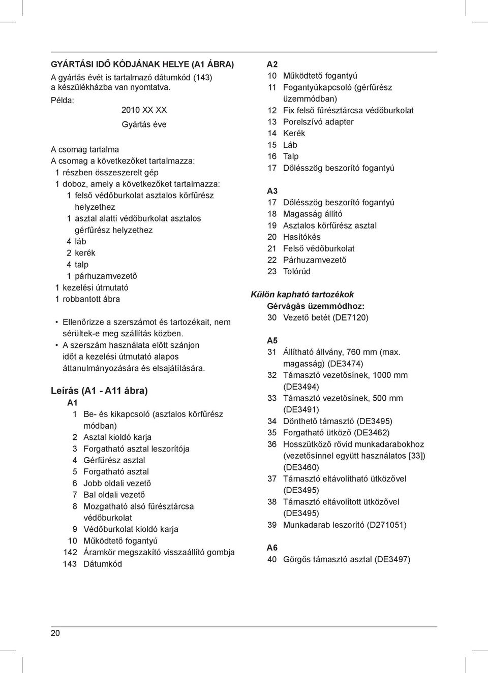 helyzethez 1 asztal alatti védőburkolat asztalos gérfűrész helyzethez 4 láb 2 kerék 4 talp 1 párhuzamvezető 1 kezelési útmutató 1 robbantott ábra Ellenőrizze a szerszámot és tartozékait, nem