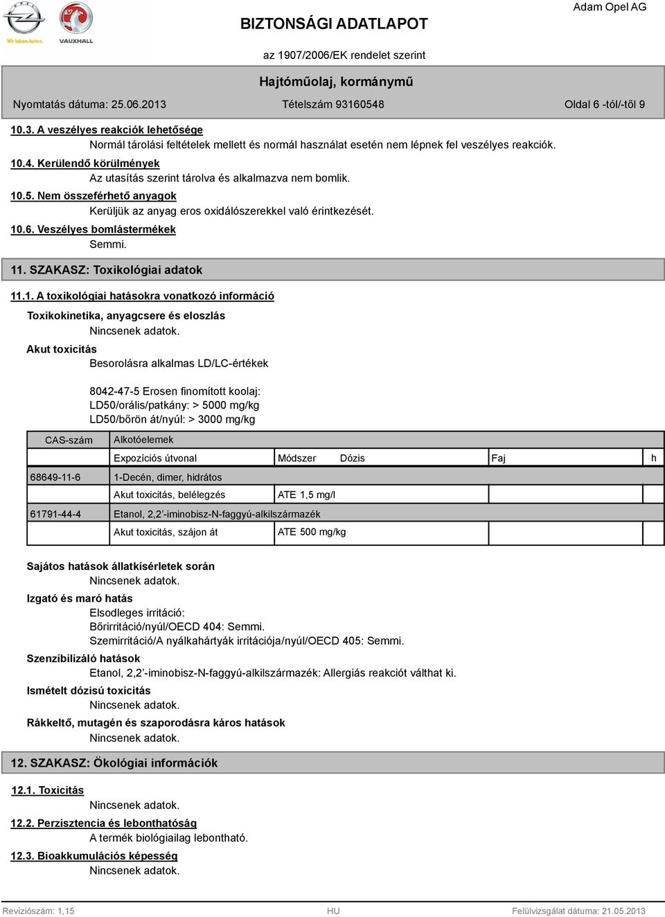 vonatkozó információ Toxikokinetika, anyagcsere és eloszlás Akut toxicitás Besorolásra alkalmas LD/LC-értékek 8042-47-5 Erosen finomított koolaj: LD50/orális/patkány: > 5000 mg/kg LD50/bőrön át/nyúl: