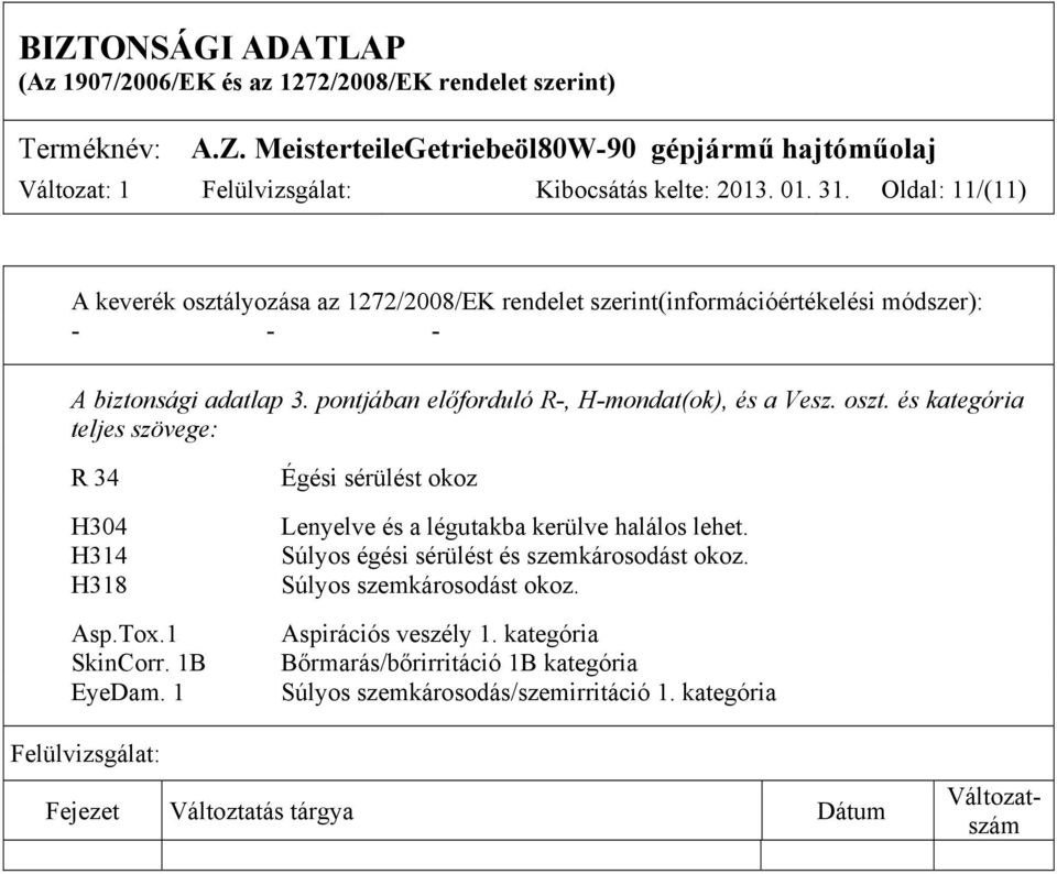 pontjában előforduló R-, H-mondat(ok), és a Vesz. oszt. és kategória teljes szövege: R 34 H304 H314 H318 Asp.Tox.1 SkinCorr. 1B EyeDam.