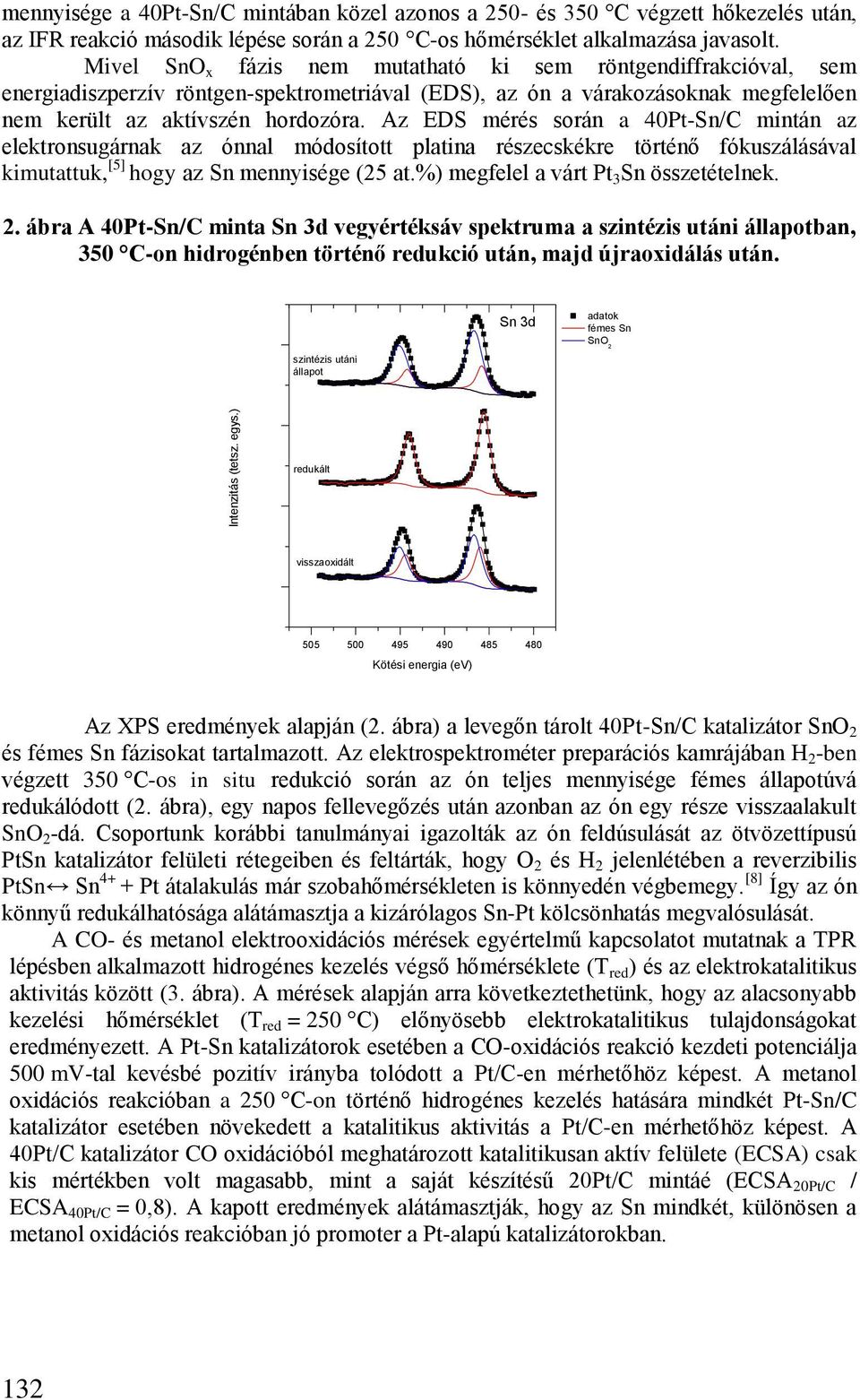 Az EDS mérés során a 40Pt-Sn/C mintán az elektronsugárnak az ónnal módosított platina részecskékre történő fókuszálásával kimutattuk, [5] hogy az Sn mennyisége (5 at.