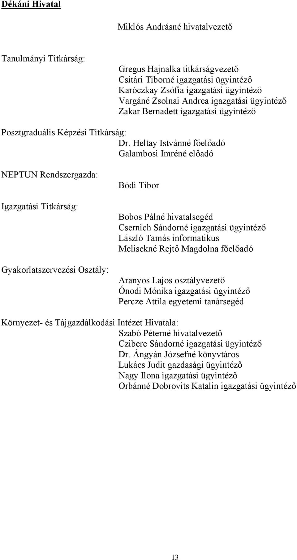 Heltay Istvánné főelőadó Galambosi Imréné előadó NEPTUN Rendszergazda: Igazgatási Titkárság: Gyakorlatszervezési Osztály: Bódi Tibor Bobos Pálné hivatalsegéd Csernich Sándorné igazgatási ügyintéző