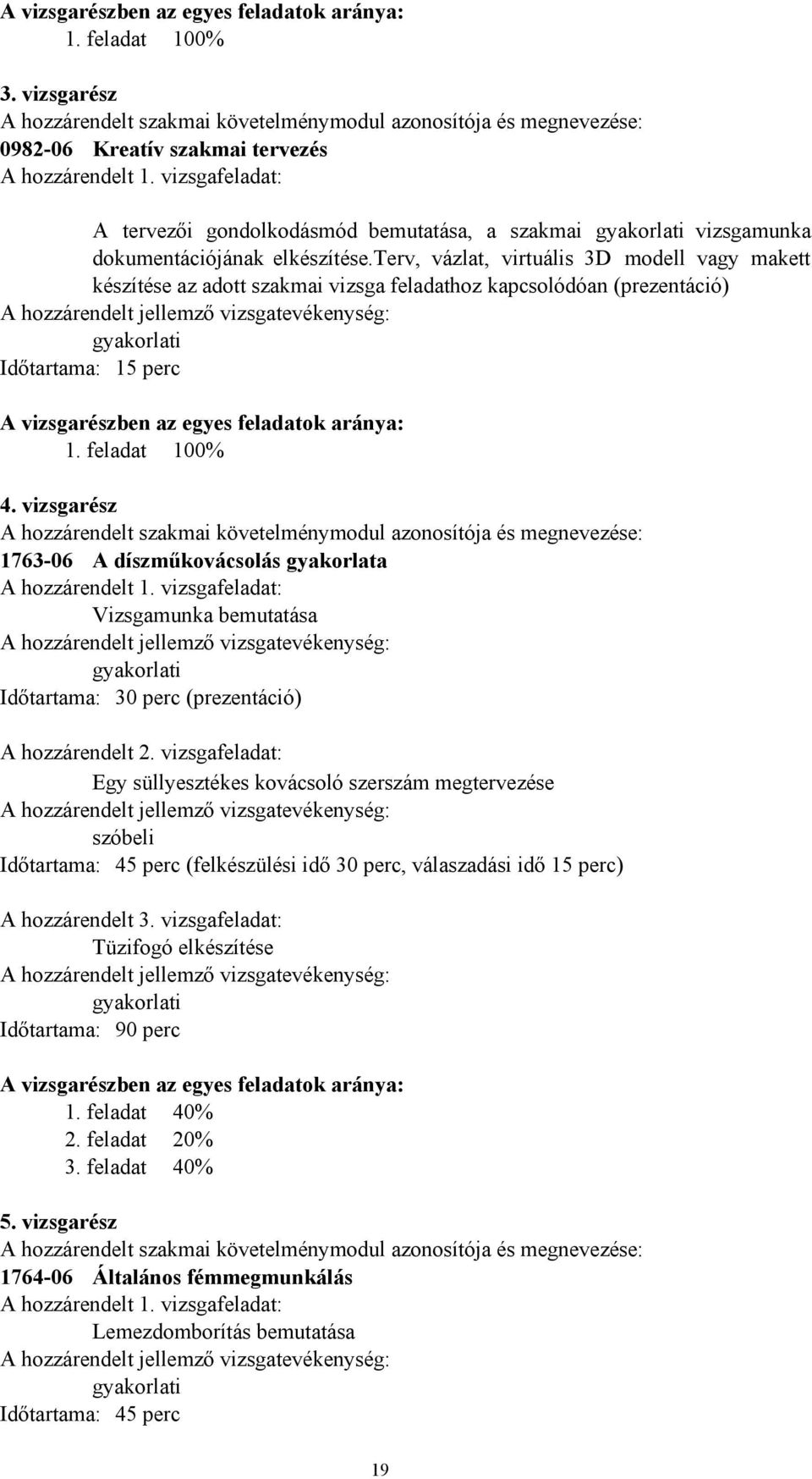 terv, vázlat, virtuális 3D modell vagy makett készítése az adott szakmai vizsga feladathoz kapcsolódóan (prezentáció) A hozzárendelt jellemző vizsgatevékenység: Időtartama: 15 perc A vizsgarészben az