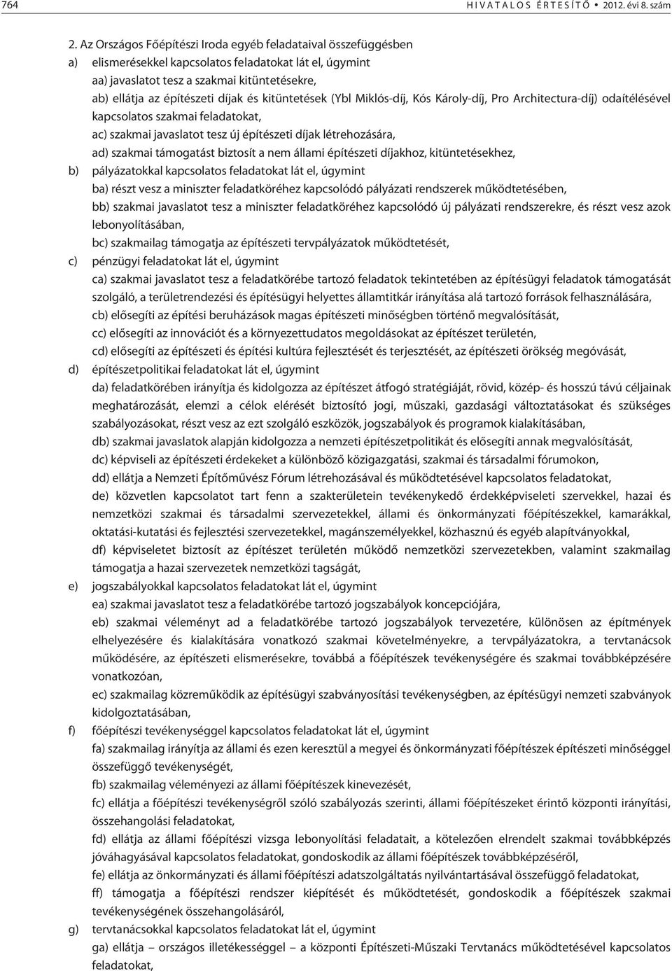 és kitüntetések (Ybl Miklós-díj, Kós Károly-díj, Pro Architectura-díj) odaítélésével kapcsolatos szakmai feladatokat, ac) szakmai javaslatot tesz új építészeti díjak létrehozására, ad) szakmai