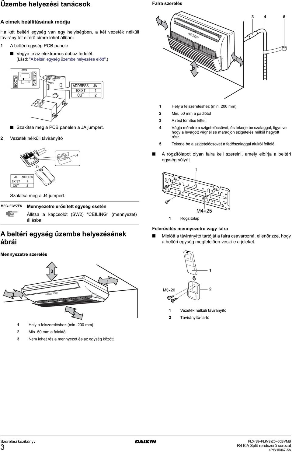 ) Falra szerelés SW FLOOR CEILING ADDRESS JA EXIST CUT Szakítsa meg a PCB panelen a JA jumpert. Vezeték nélküli távirányító J J ADDRESS EXIST CUT Hely a felszereléshez (min. 00 mm) Min.