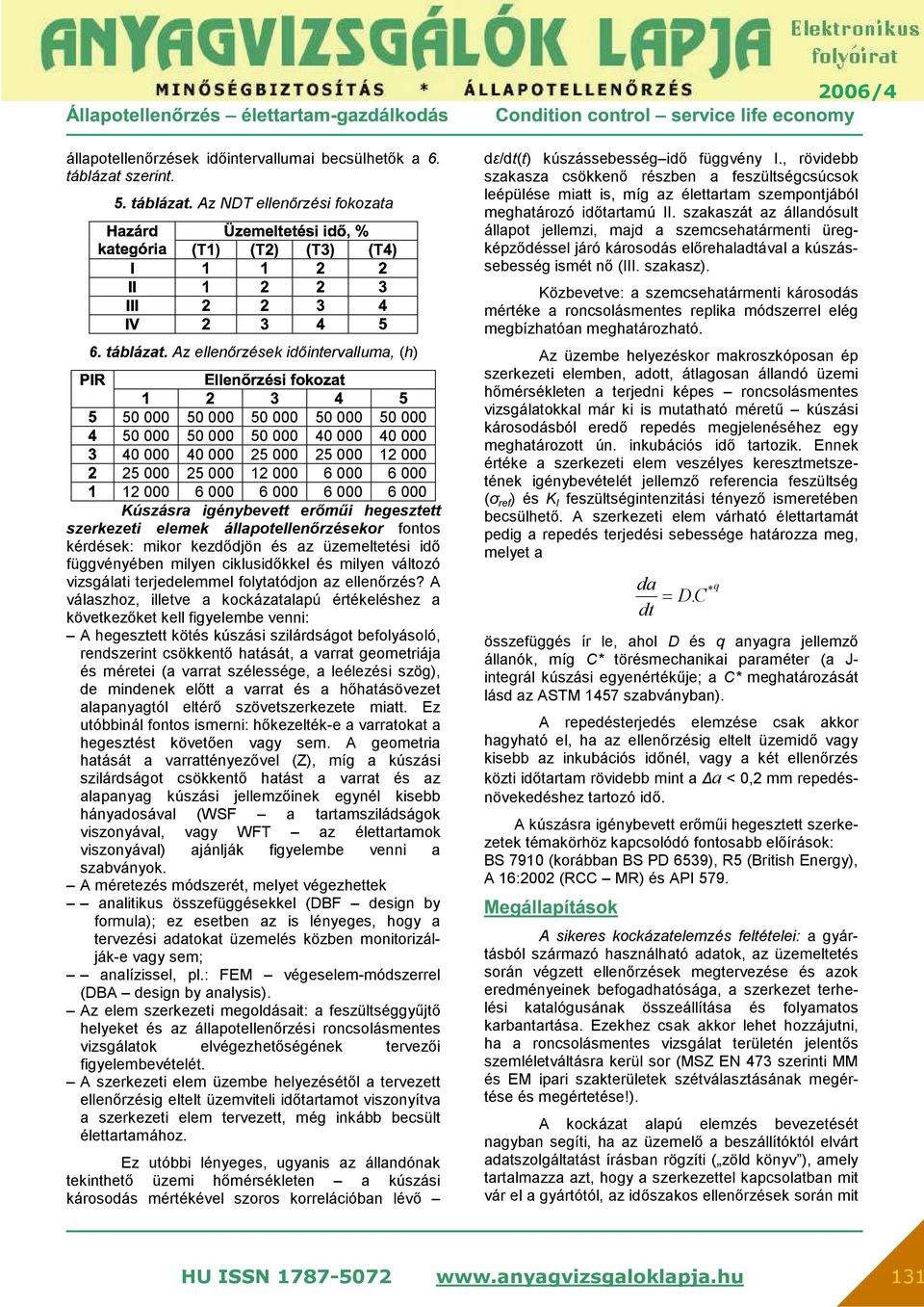 Az NDT ellenőrzési fokozata '& 6. táblázat.