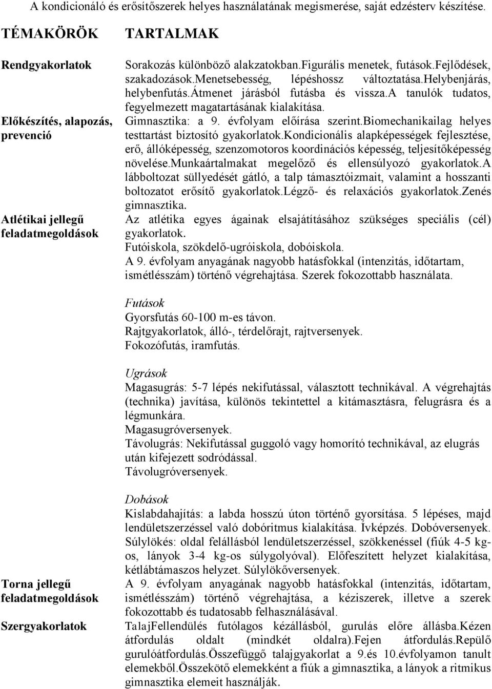 menetsebesség, lépéshossz változtatása.helybenjárás, helybenfutás.átmenet járásból futásba és vissza.a tanulók tudatos, fegyelmezett magatartásának kialakítása. Gimnasztika: a 9.