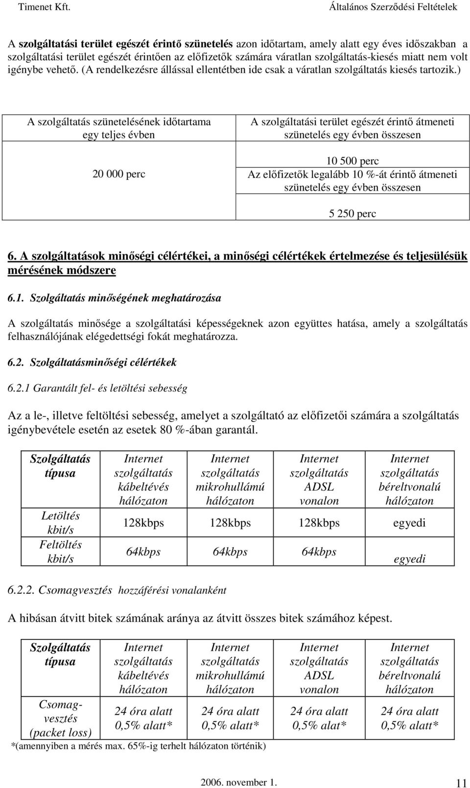 ) A szolgáltatás szünetelésének időtartama egy teljes évben 20 000 perc A szolgáltatási terület egészét érintő átmeneti szünetelés egy évben összesen 10 500 perc Az előfizetők legalább 10 %-át érintő