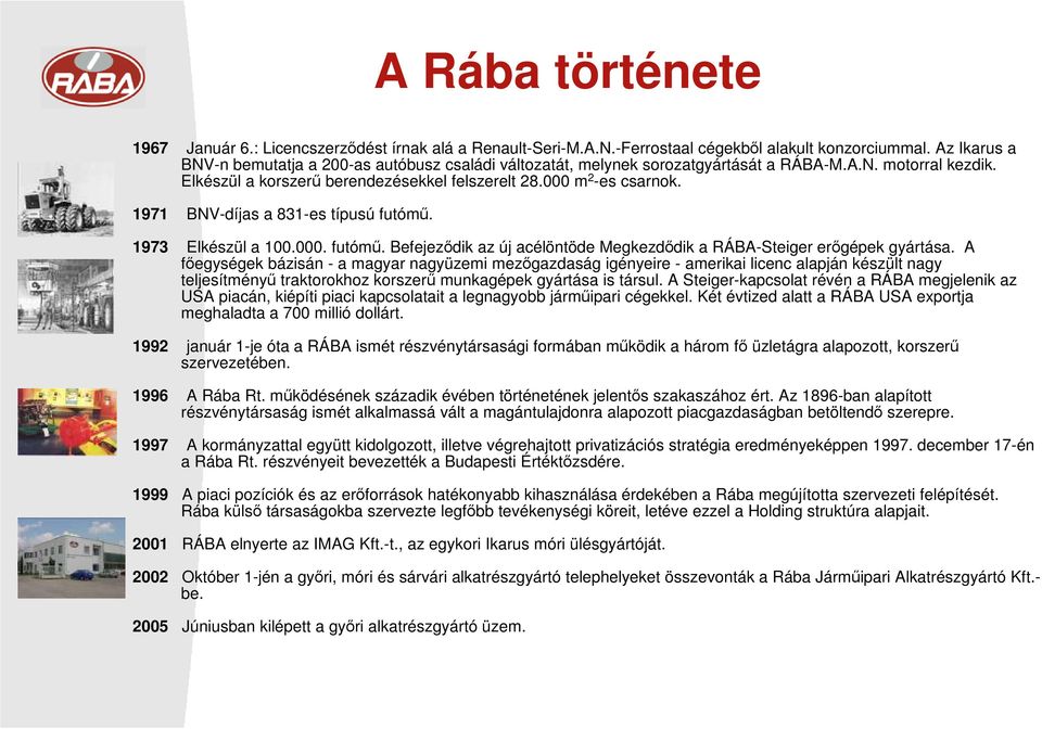 1971 BNV-díjas a 831-es típusú futómő. 1973 Elkészül a 100.000. futómő. Befejezıdik az új acélöntöde Megkezdıdik a RÁBA-Steiger erıgépek gyártása.