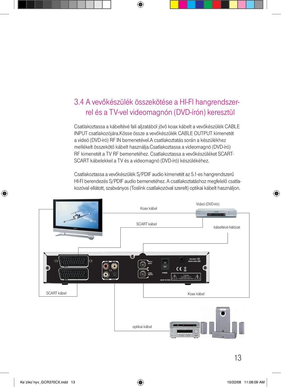 csatlakoztassa a videomagnó (DVD-író) RF kimenetét a TV RF bemenetéhez. Csatlakoztassa a vevőkészüléket SCART- SCART kábelekkel a TV és a videomagnó (DVD-író) készülékéhez.