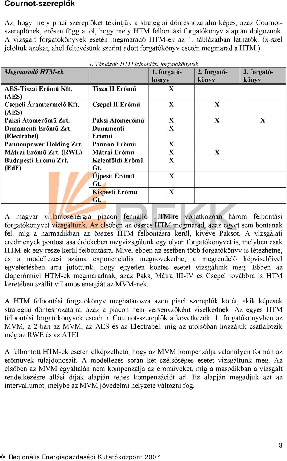 Táblázat: HTM felbontási forgatókönyvek Megmaradó HTM-ek 1. forgatókönyv 2. forgatókönyv 3. forgatókönyv AES-Tiszai Erőmű Kft. Tisza II Erőmű X (AES) Csepeli Áramtermelő Kft.