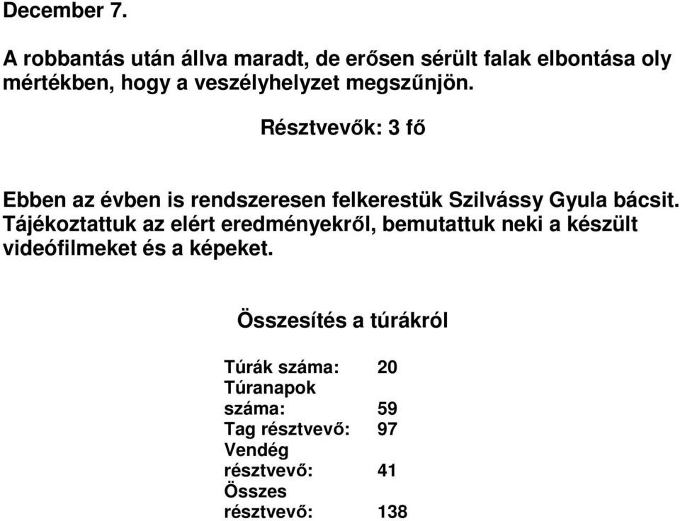 megszűnjön. Résztvevők: 3 fő Ebben az évben is rendszeresen felkerestük Szilvássy Gyula bácsit.