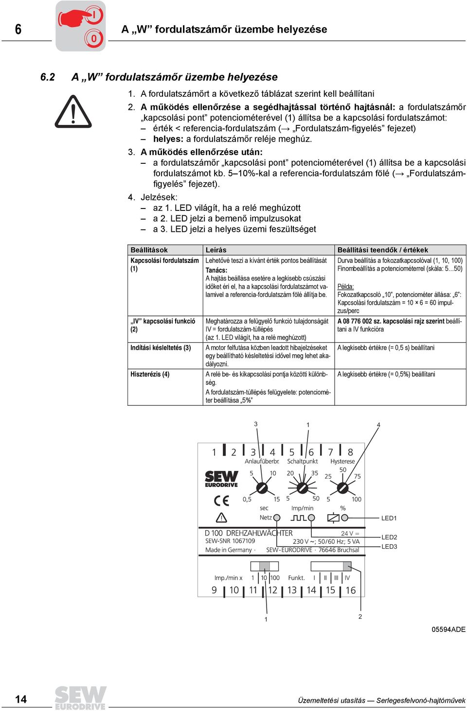 Fordulatszám-figyelés fejezet) helyes: a fordulatszámőr reléje meghúz. 3. A működés ellenőrzése után: a fordulatszámőr kapcsolási pont potenciométerével (1) állítsa be a kapcsolási fordulatszámot kb.