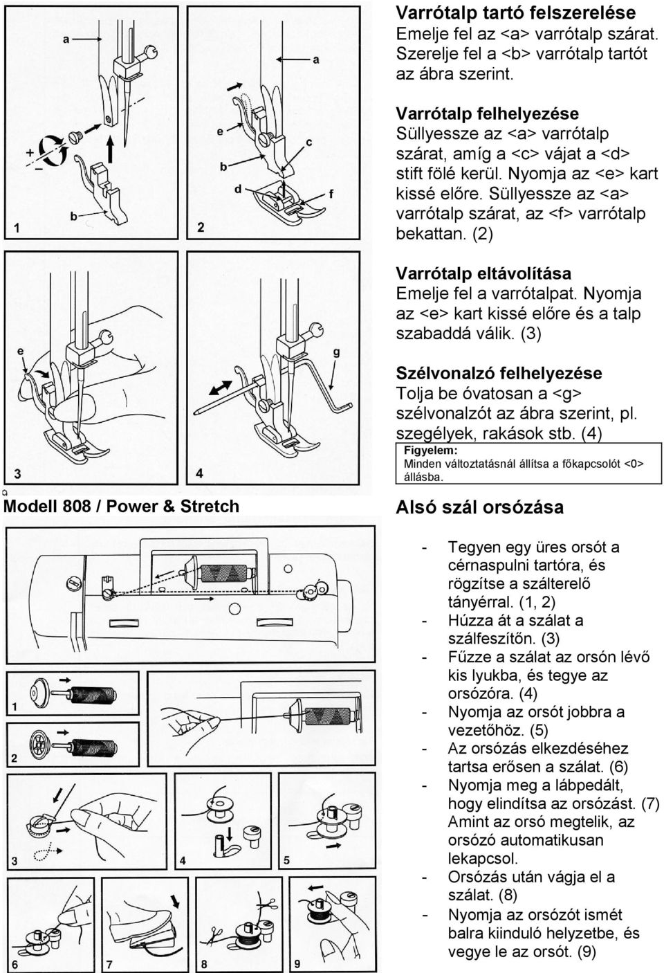 (2) Varrótalp eltávolítása Emelje fel a varrótalpat. Nyomja az <e> kart kissé előre és a talp szabaddá válik. (3) Szélvonalzó felhelyezése Tolja be óvatosan a <g> szélvonalzót az ábra szerint, pl.