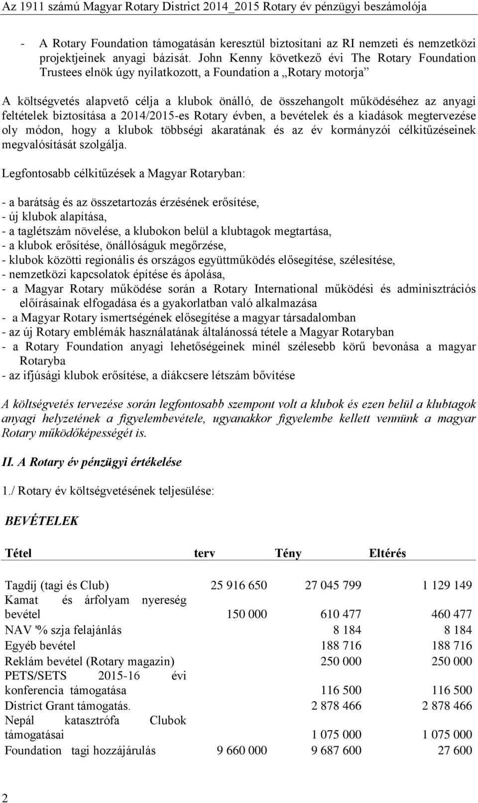 feltételek biztosítása a 2014/2015-es Rotary évben, a bevételek és a kiadások megtervezése oly módon, hogy a klubok többségi akaratának és az év kormányzói célkitűzéseinek megvalósítását szolgálja.