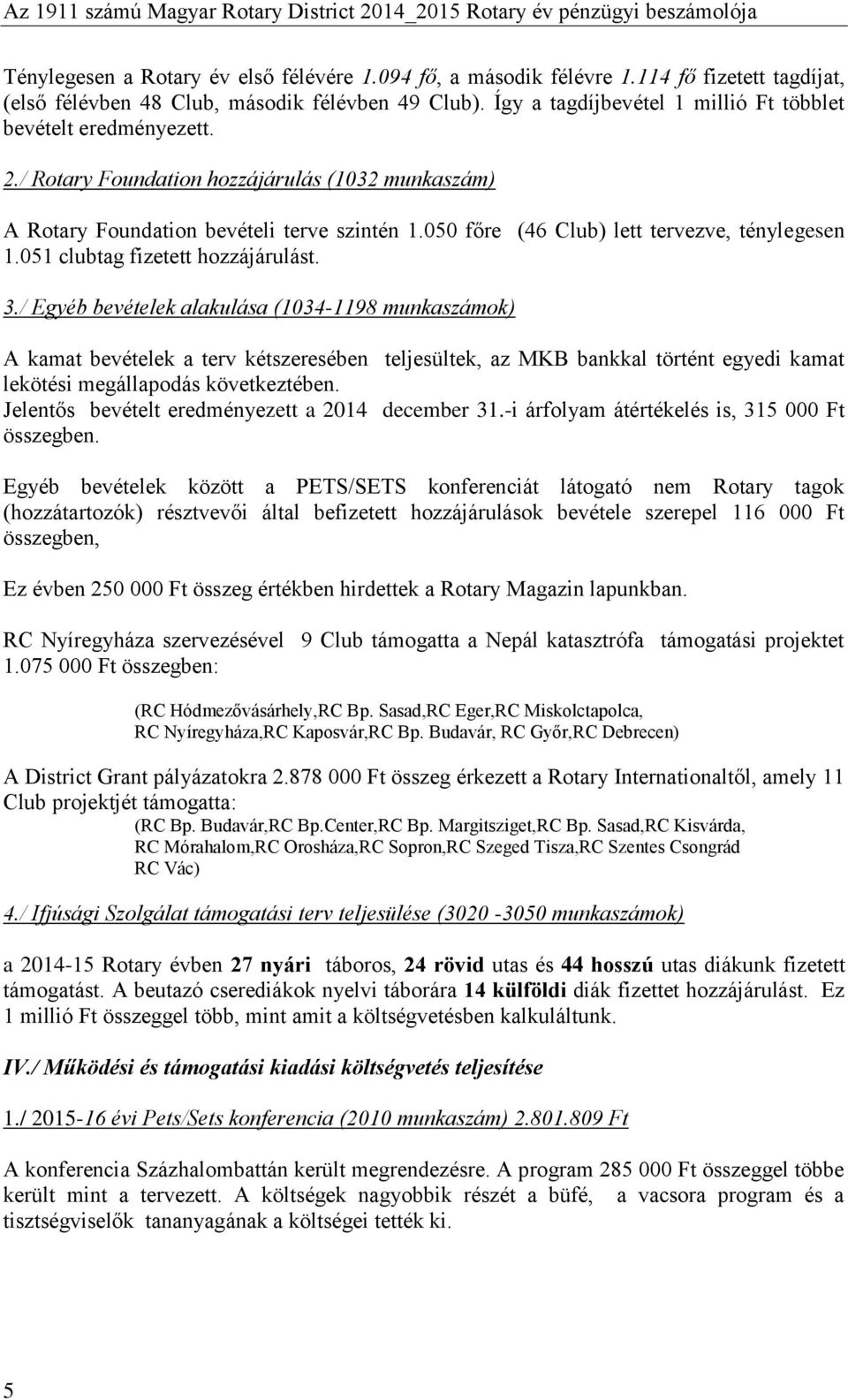 050 főre (46 Club) lett tervezve, ténylegesen 1.051 clubtag fizetett hozzájárulást. 3.