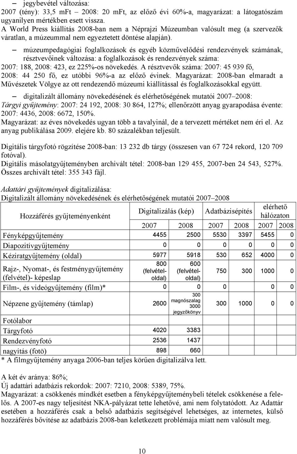 múzeumpedagógiai foglalkozások és egyéb közművelődési rendezvények számának, résztvevőinek változása: a foglalkozások és rendezvények száma: 2007: 188, 2008: 423, ez 225%-os növekedés.