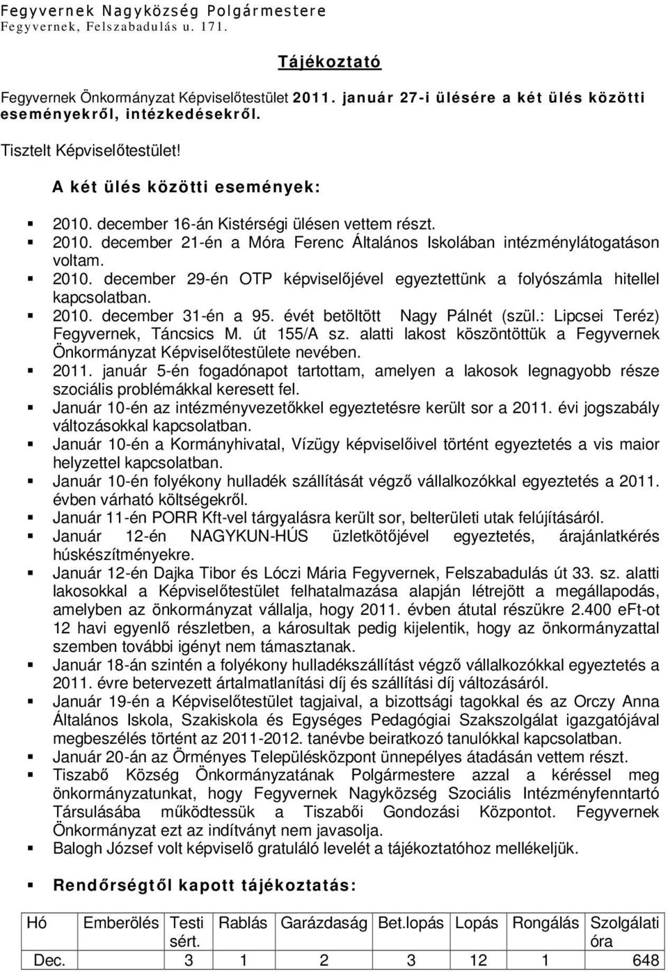 december 16-án Kistérségi ülésen vettem részt. 2010. december 21-én a Móra Ferenc Általános Iskolában intézménylátogatáson voltam. 2010. december 29-én OTP képviselőjével egyeztettünk a folyószámla hitellel kapcsolatban.