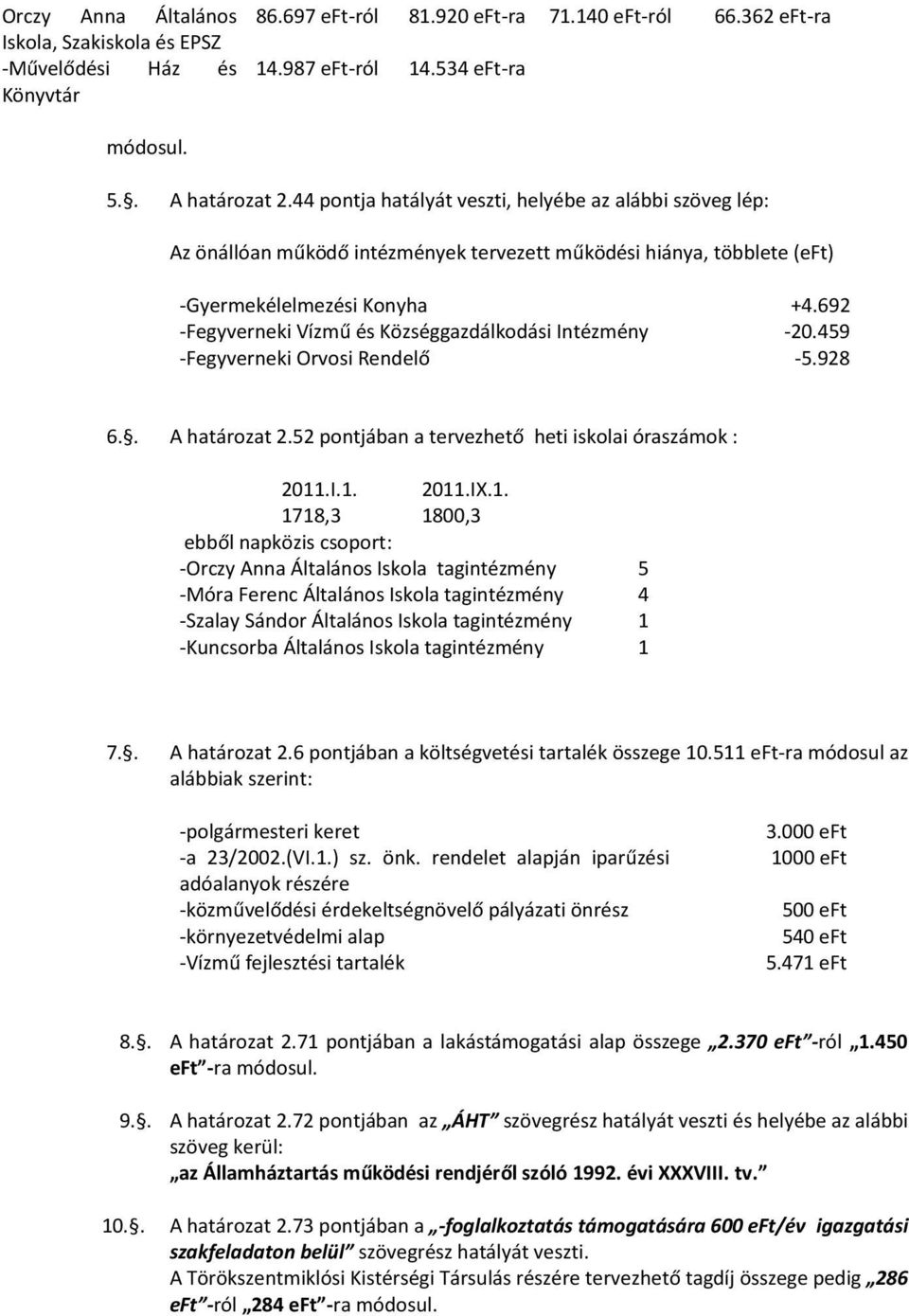 692 -Fegyverneki Vízmű és Községgazdálkodási Intézmény -20.459 -Fegyverneki Orvosi Rendelő -5.928 6.. A határozat 2.52 pontjában a tervezhető heti iskolai óraszámok : 2011