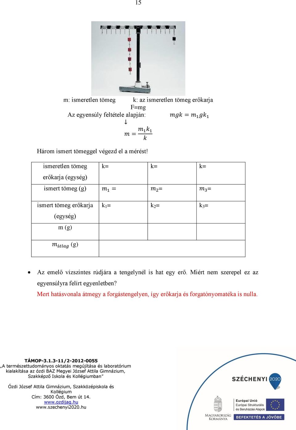 ismeretlen tömeg erőkarja (egység) k= k= k= ismert tömeg (g) m 1 = m 2 = m 3 = ismert tömeg erőkarja (egység) m (g) k 1 = k 2