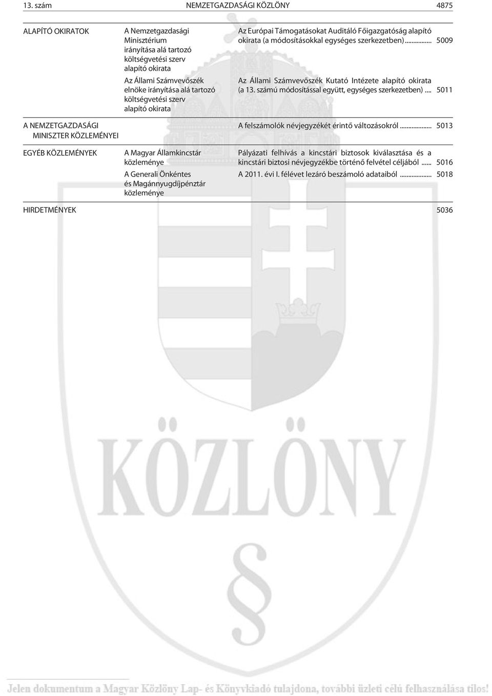 Támogatásokat Auditáló Fõigazgatóság alapító okirata (a módosításokkal egységes szerkezetben)... 5009 Az Állami Számvevõszék Kutató Intézete alapító okirata (a 13.