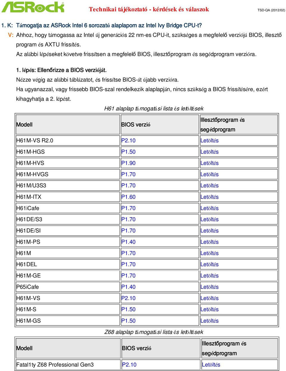 Az alábbi lépéseket követve frissítsen a megfelel BIOS, illeszt program és verzióra. 1. lépés: Ellen rizze a ját. Nézze végig az alábbi táblázatot, és frissítse BIOS-át újabb verzióra.