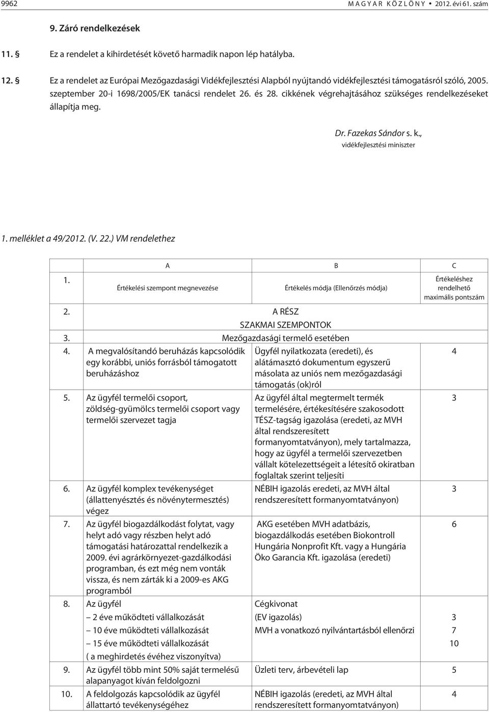 cikkének végrehajtásához szükséges rendelkezéseket állapítja meg. Dr. Fazekas Sándor s. k., vidékfejlesztési miniszter 1. melléklet a 49/2012. (V. 22.) VM rendelethez 1.